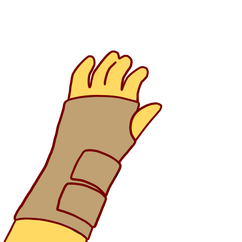 a yellow hand with a beige wrist brace on